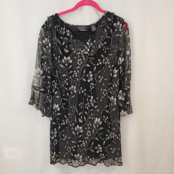 Dark Floral Beaded Silk Top 16W Ruffle neck Bell Sleeve Whimsigoth Fairy Grunge - Picture 1 of 10